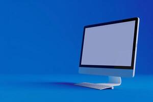 Desktop computer mockup with blank screen on technology background photo