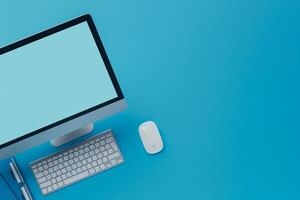 Desktop computer mockup with blank screen on contemporary background photo