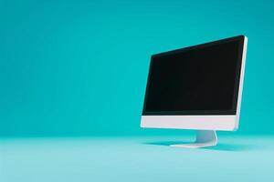 Desktop computer mockup with blank screen on sophisticated background photo