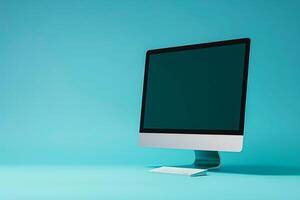 Desktop computer mockup with blank screen on  inspired background photo