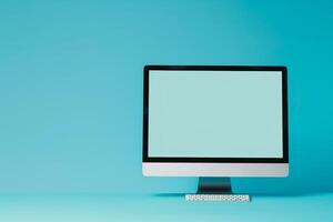 Desktop computer mockup with blank screen on polished background photo