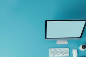 Desktop computer mockup with blank screen on refined background photo