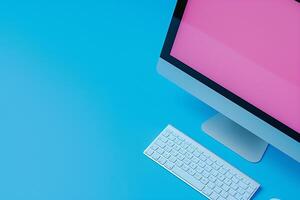 Desktop computer mockup with blank screen on understated background photo