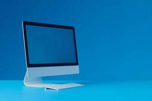 Desktop computer mockup with blank screen on polished background photo