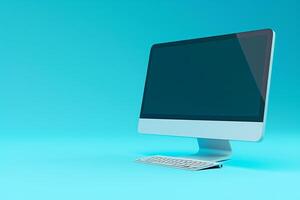 Desktop computer mockup with blank screen on sophisticated background photo
