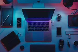 Advanced Laptop Mockup on Futuristic Workspace photo