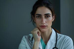 Female Doctor in Pensive Mood Analyzing Patient Data in Professional Office photo