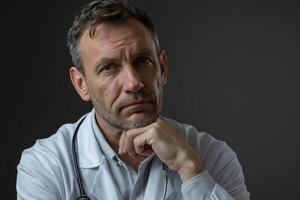 Doctor with Reflective Expression Analyzing Patient Data in Clinical photo