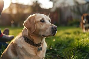 Dog and Owner Training Tricks in Backyard photo