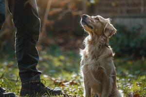 Dog Learning Tricks with Owner in Garden photo