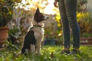 Dog and Owner Learning Tricks Together in Backyard photo