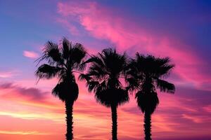 Palm Trees Silhouetted Against  Sunset Sky on Tropical Beach photo