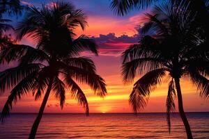 Palm Trees Silhouetted Against  Sunset Sky on Tropical Beach photo