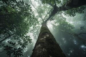 Dense Amazon Rainforest Canopy with Mist Swirling Around Ancient Trees photo