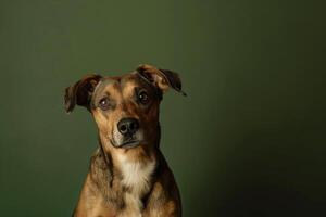 Dog in a Concentrated Sitting Position on Olive Background Showcasing an Engaged Look photo