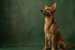 Dog in a Relaxed Sitting Pose on Olive Background Emphasizing a Calm and Attentive Expression photo