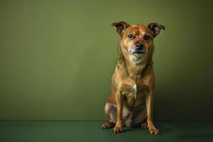 Dog Sitting on Olive Background Demonstrating a ed and Calm Attitude photo