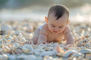 Baby Exploring a Beach with Seashells Enjoying a Fun and Curious Coastal Experience photo