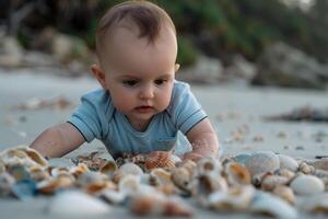 Baby Exploring a Beach with Seashells Engaging in a Fun and Playful Coastal Adventure photo