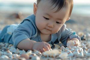 Baby Exploring a Beach with Seashells Delightfully Engaging in a Playful Coastal Adventure photo