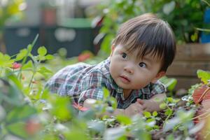 Baby Exploring in Garden Enjoying the Beauty of Flowers and Experiencing a Playful Outdoor Activity photo