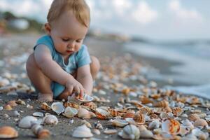 Baby Exploring a Beach with Seashells Embracing a Fun and Joyful Coastal Experience photo