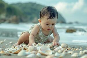 Baby Exploring a Beach with Seashells Embracing a Fun and Playful Coastal Adventure photo