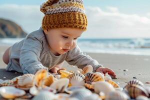 Baby Exploring a Beach with Seashells Enjoying a Joyful and Interactive Coastal Experience photo
