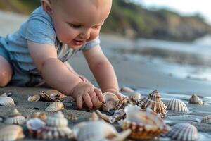 Baby Exploring a Beach with Seashells Delighting in a Fun and Joyful Coastal Experience photo
