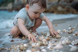Baby Exploring a Beach with Seashells Engaging in a Fun and Cheerful Coastal Adventure photo