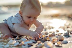 Baby Exploring a Beach with Seashells Engaging in a Fun and Joyful Coastal Adventure photo