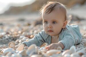 Baby Exploring a Beach with Seashells Delighting in a Fun and Playful Coastal Adventure photo