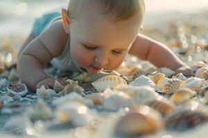 Baby Exploring a Beach with Seashells Embracing a Joyful and Fun Coastal Experience photo