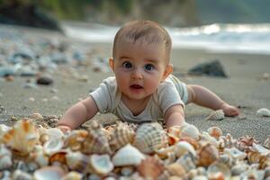 Baby Exploring a Beach with Seashells Enjoying a Fun and Interactive Coastal Experience photo