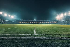 Wide   of Soccer Field with Stadium Lights On and Empty Stands Highlighting a Vast and Open Sports Arena photo