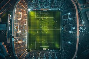 Aerial of Soccer Match Empty Stands Highlighting an Unoccupied Stadium photo