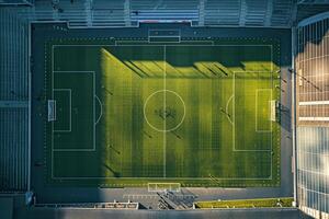 Aerial   of Soccer Match with Empty Stands Depicting a Spacious and Vacant Stadium photo