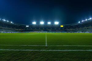 Wide   of Soccer Field with Stadium Lights On and Empty Stands Emphasizing an Expansive and Illuminated Sports Venue photo
