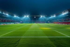 Wide   of Soccer Field with Stadium Lights On and Empty Stands Illustrating an Expansive Venue photo