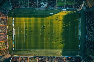 Aerial   of Soccer Match with Empty Stands Capturing an Unoccupied Stadium Perspective photo