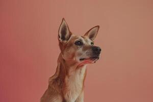 Dog with a Serene Expression Against a Peach Pink Background Exuding Calm and Contentment photo