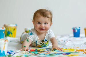 Baby with Paints and Canvas Immersed in   Artistic Expression photo