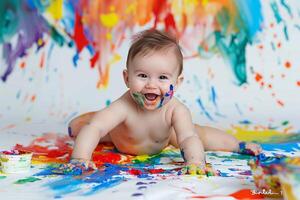 Baby Creating Art with Paints and Canvas Engaged in   and Joyful Expression photo