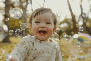 Baby Enjoying Bubble Play in a Park Engaging in Fun and Cheerful Activities photo