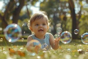 Baby Playing with Bubbles in the Park Experiencing Delightful and Playful Moments photo