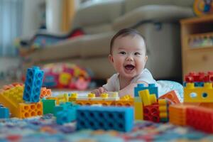 Baby Playing with Toy Blocks Delighting in   and Interactive Activities photo