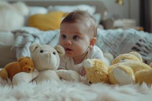 Baby Engaged with Various Stuffed Animals Background photo