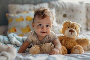 Baby Engaged with   Stuffed Animals Background photo