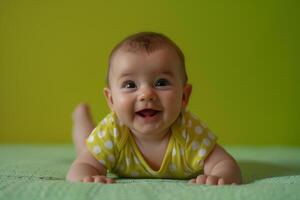 Baby with Lime Background Smiling and Happy photo