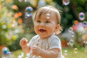 Baby Playing with Bubbles in Garden Cheerful photo
